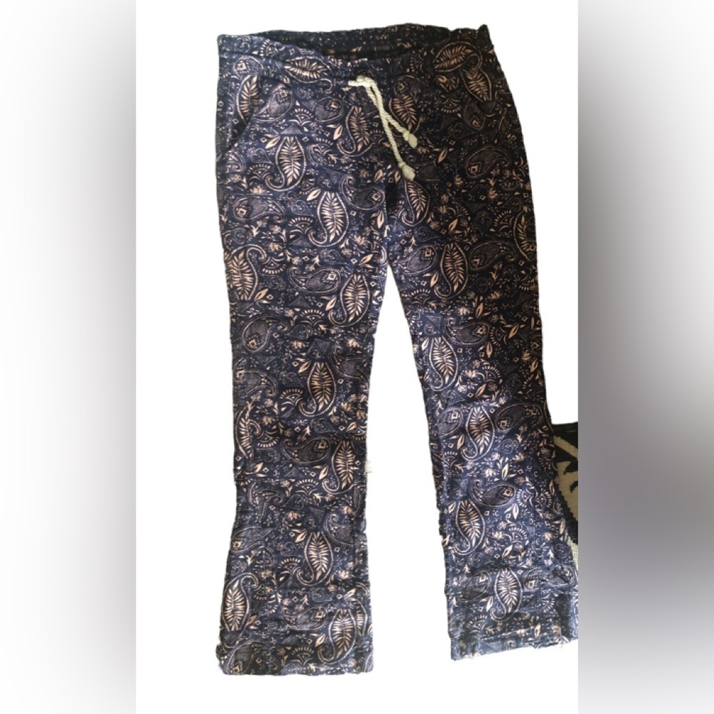 Roxy Bohemian Boho Wide Leg Beach Pant Sz. M Drawstring Waist Linen Blend Navy